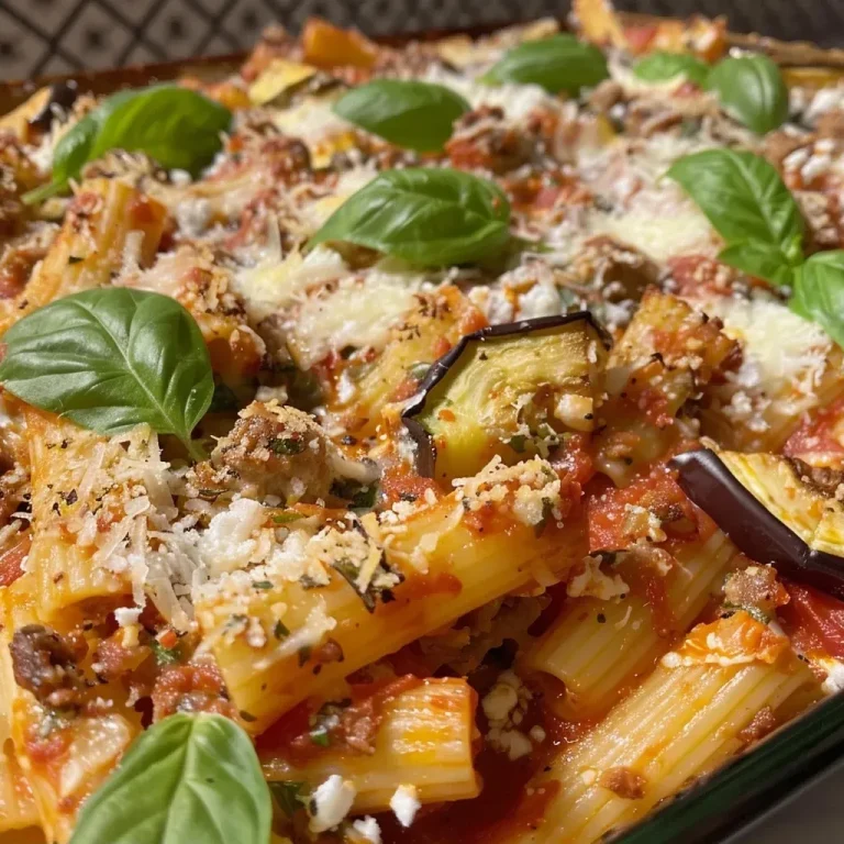 Sommerliches Baked Ziti – Ein Genuss für die Seele Close-up view of baked ziti with fresh vegetables and melted cheese.