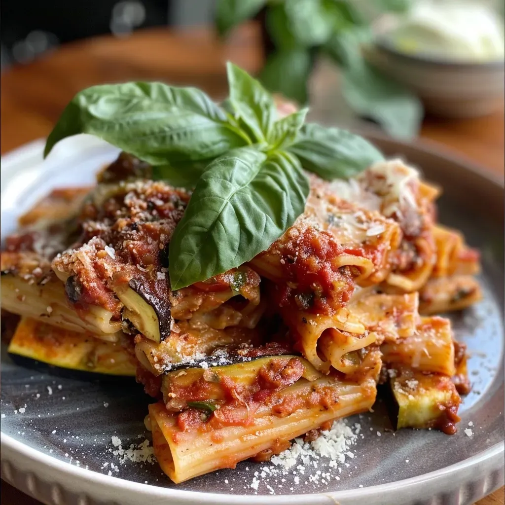 Side angle of a serving of summer baked ziti, highlighting colorful ingredients.