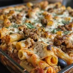 A close-up side view of Spooky Baked Ziti topped with black olives and mozzarella.