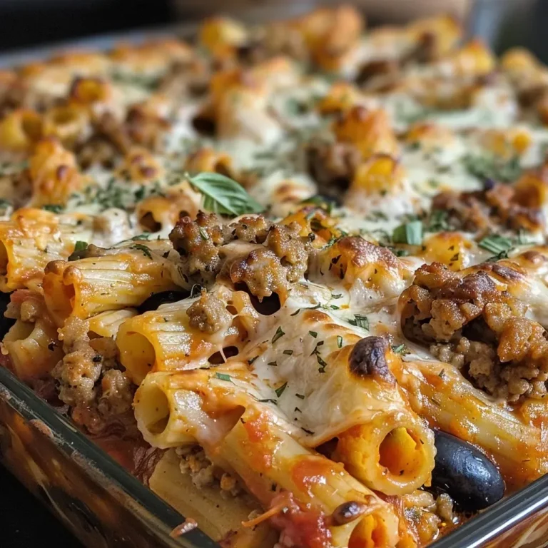Gruselige Baked Ziti für eine unheimlich leckere Zeit A close-up side view of Spooky Baked Ziti topped with black olives and mozzarella.