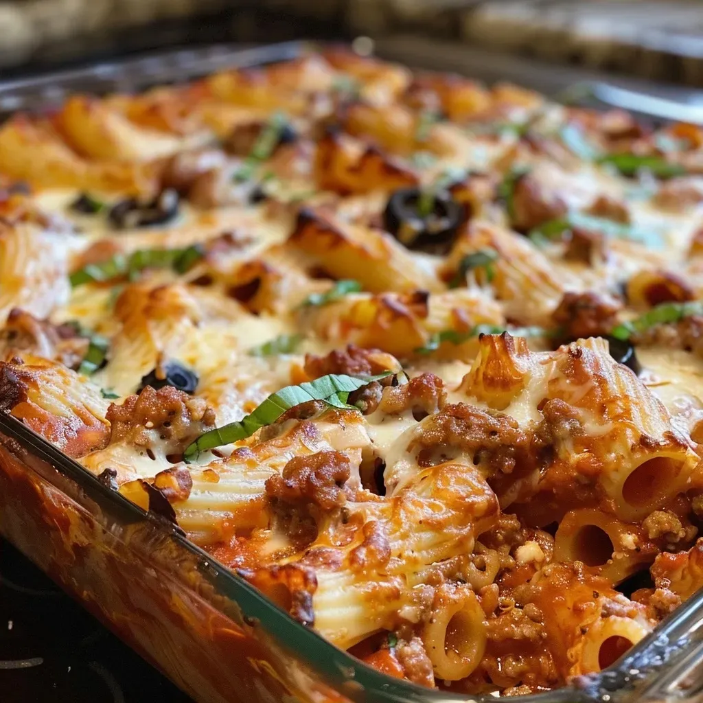 Juicy baked ziti in a dish, featuring a spiderweb design made from cheese.