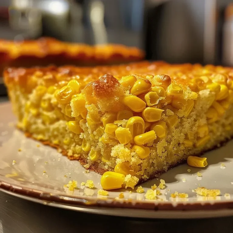 Close-up of a slice of honey cornbread casserole showcasing a golden, moist texture.
