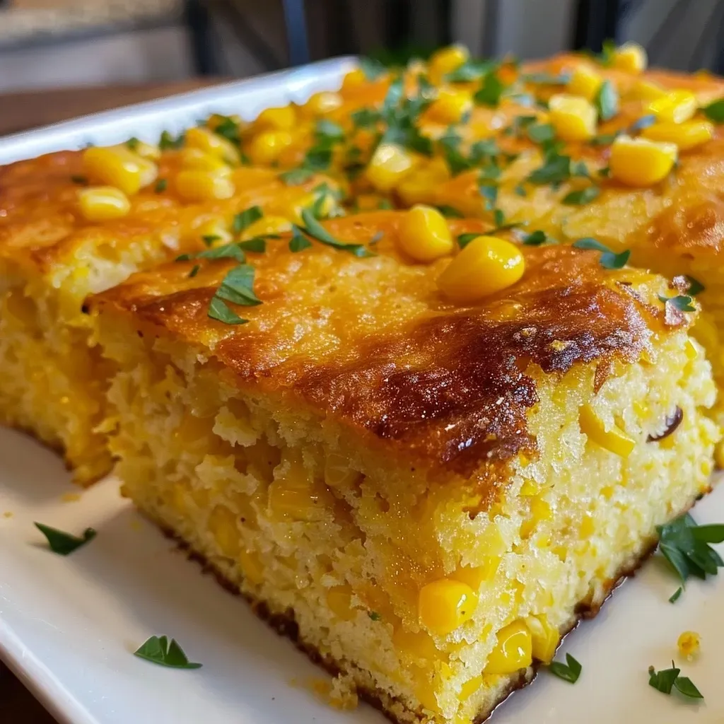 Side view of a juicy honey cornbread casserole with a rich, buttery surface.