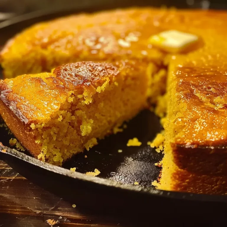 Genussvoller Skillet-Cornbread: Süße Momente für die ganze Familie A close-up side view of juicy, sweet skillet cornbread with a golden-brown crust.
