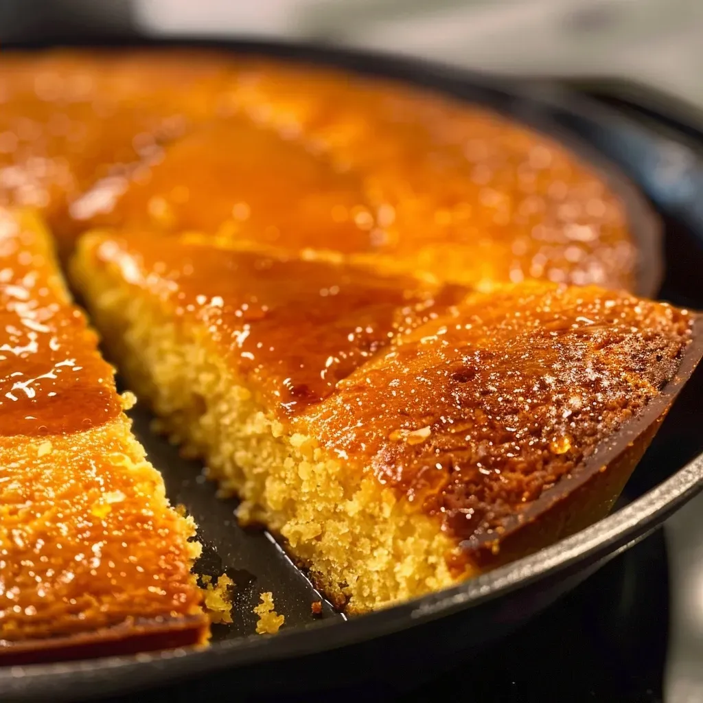 A detailed shot showcasing fluffy, sweet cornbread cooked in a skillet, revealing its moist interior.