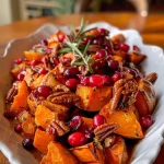 A close-up view of Sweet Potato Cranberry Casserole topped with pecans and pomegranate arils.