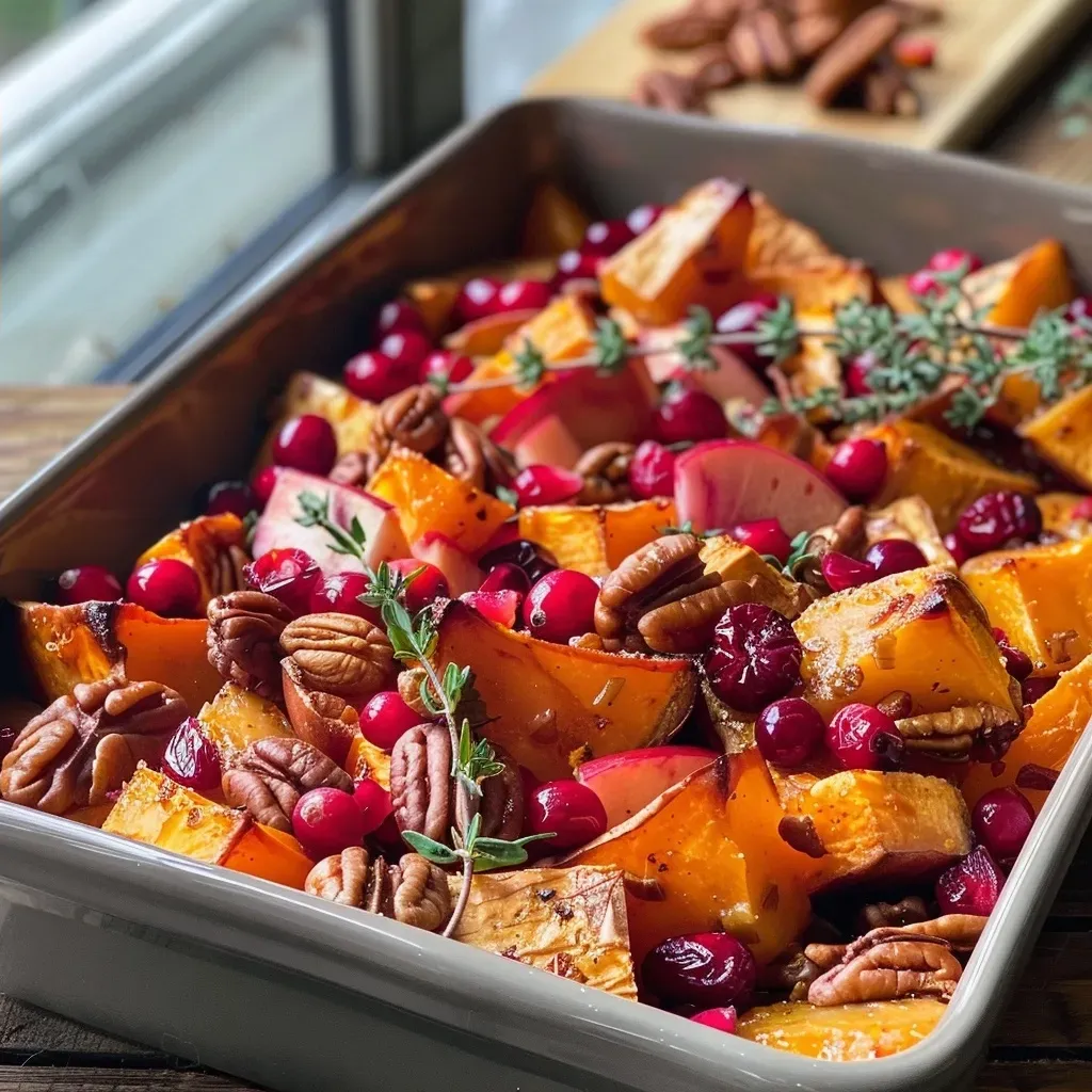 Side view of a baking dish filled with Sweet Potato Cranberry Casserole, showcasing its colorful layers.