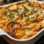 Close-up of a creamy sweet potato gratin with a golden crust.