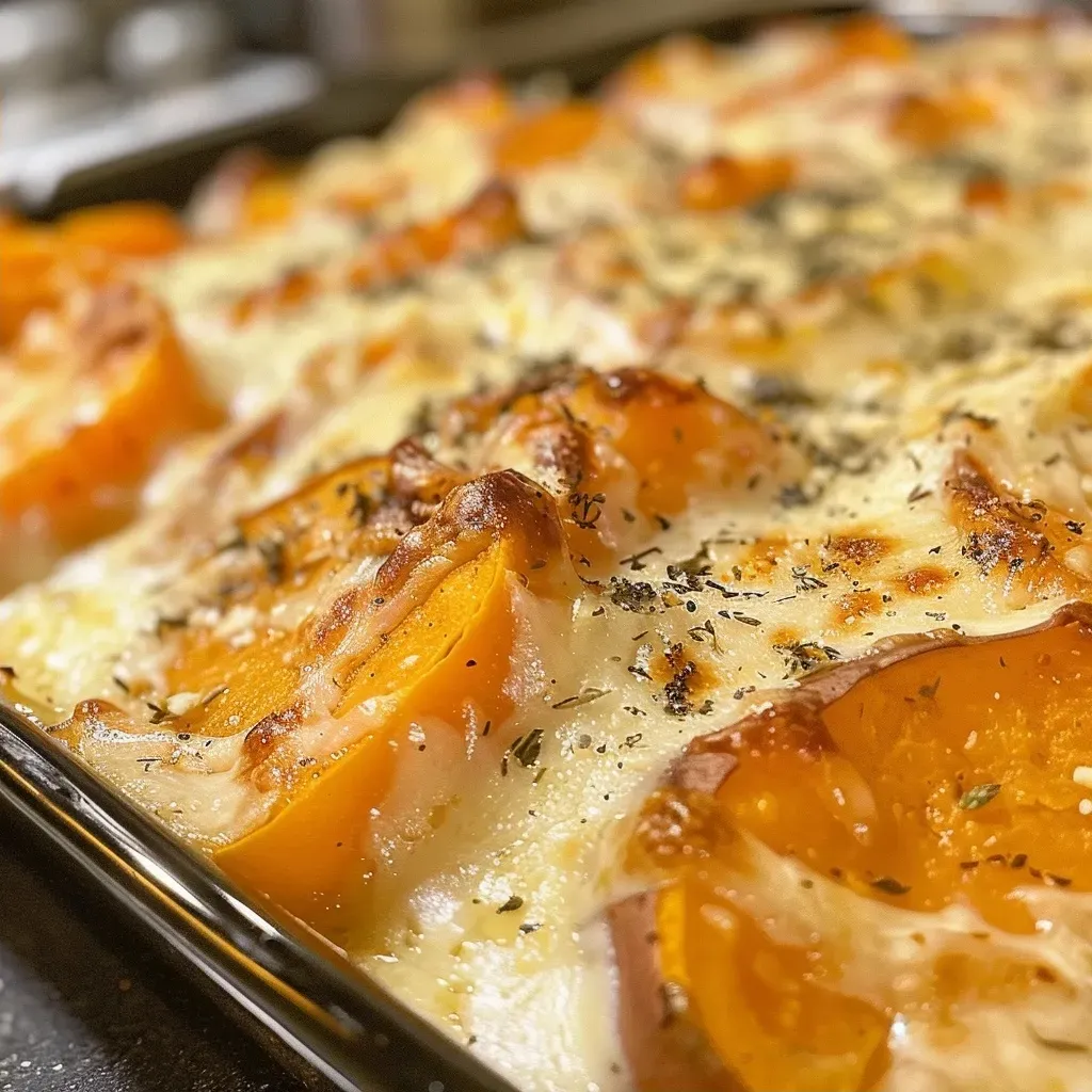 Side view of layered sweet potatoes and cheese in a baking dish.