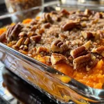 A close-up side view of Sweet Potato Casserole topped with a crunchy pecan praline layer.