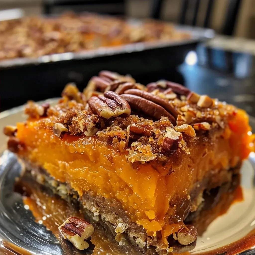 Juicy sweet potato casserole in a baking dish, showcasing a golden pecan topping.