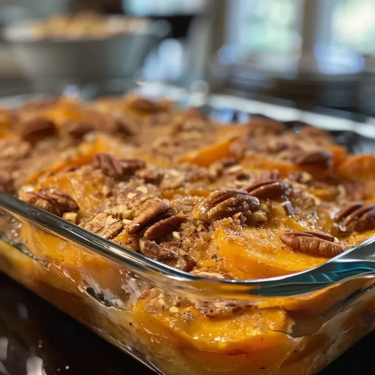Himmlisches Süßkartoffelgratin – Ein Genuss für die Sinne Close-up view of Praline Sweet Potatoes Gratin with a golden-brown crust.
