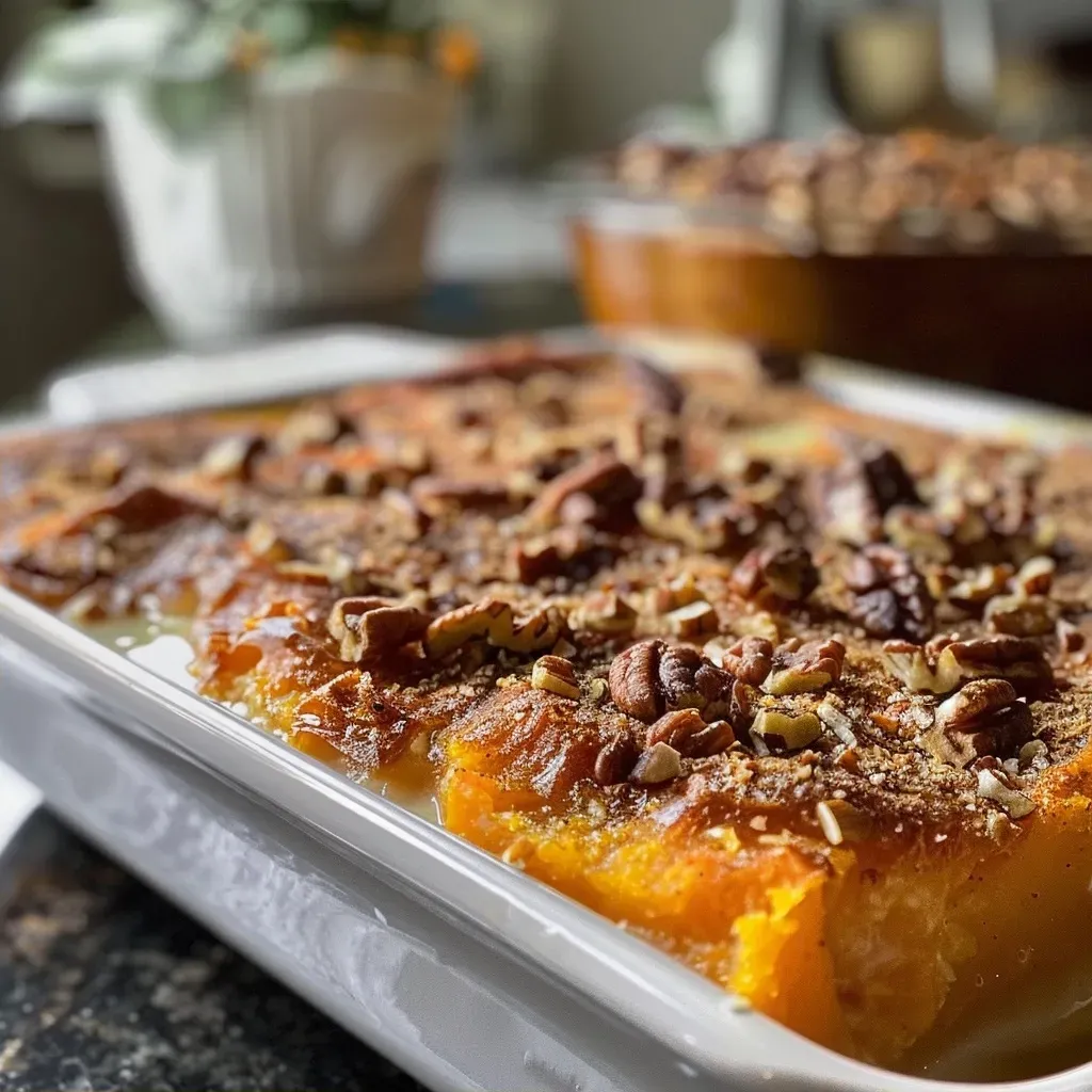 Side angle of Sweet Potato Gratin topped with pecan pieces in a baking dish.