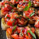 Close-up view of tomato bruschetta topped with balsamic glaze on a white plate.