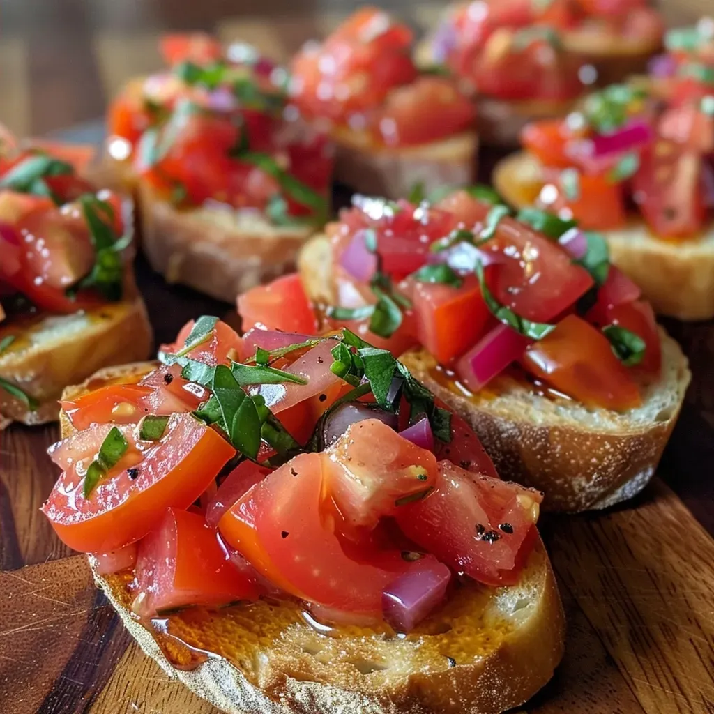 Side view of sliced Italian bread topped with diced tomatoes and a balsamic reduction.