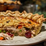 A delicious turkey and cranberry pot pie with a flaky crust, shown from the side.
