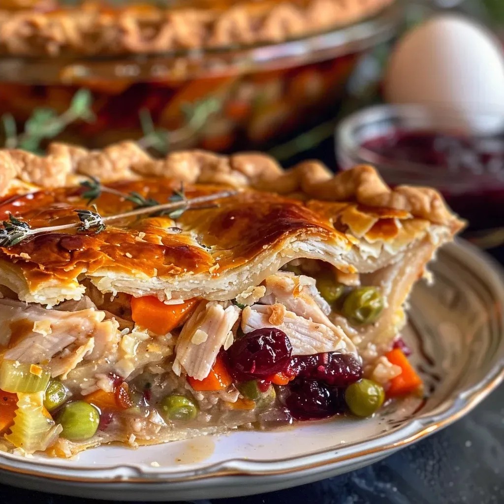 Close-up side view of a turkey cranberry pot pie, showcasing its golden crust and filling.