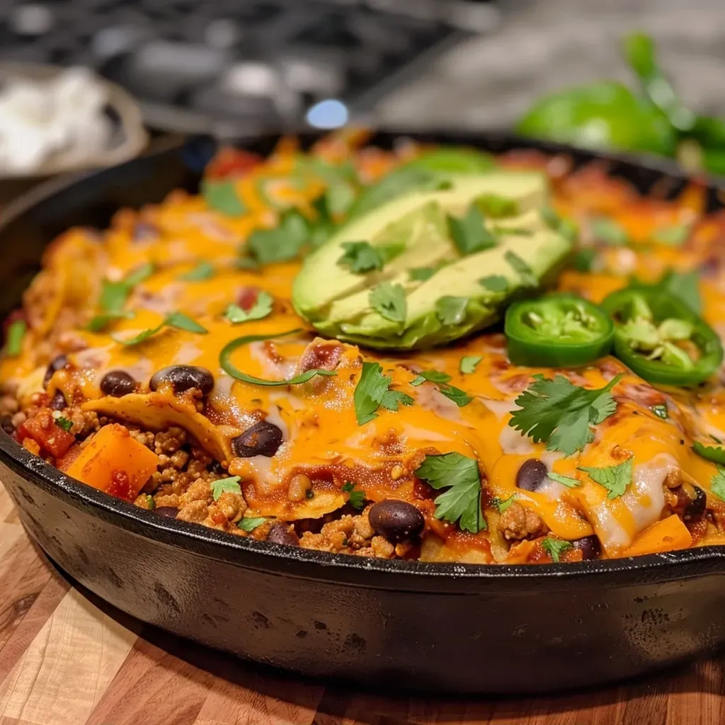 A delicious Turkey Enchilada Skillet filled with ground turkey and toppings.