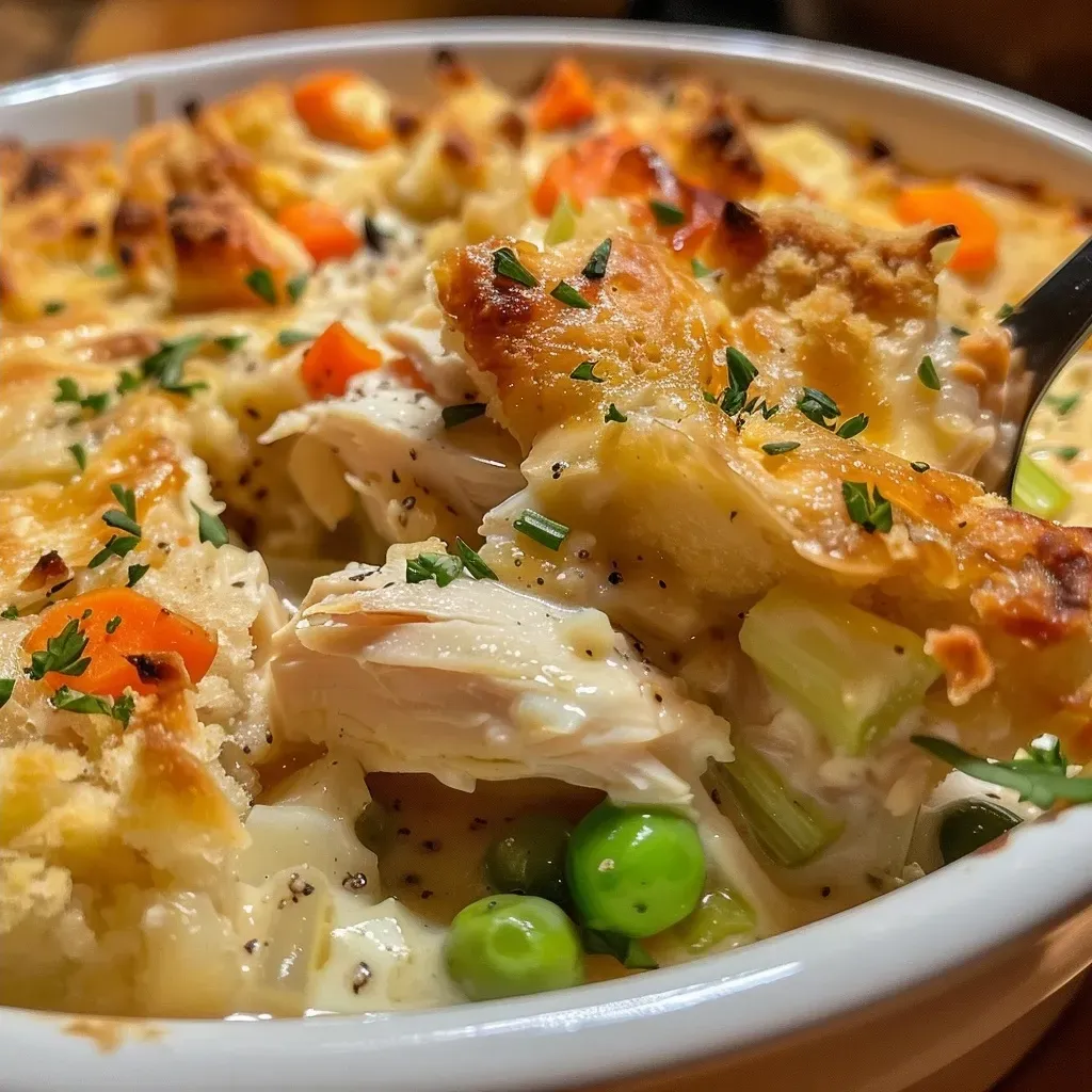 Side view of a Turkey Stuffing Pot Pie, showcasing its layers of turkey and stuffing.