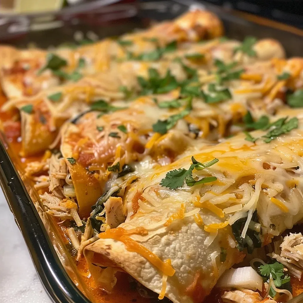 Side view of juicy Turkey Enchiladas filled with colorful vegetables and garnished with lime.