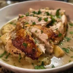 Close-up view of rich turkey gravy in a bowl, glistening with drippings.