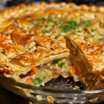 Close-up of a juicy turkey pot pie, showcasing golden flaky crust and savory filling.