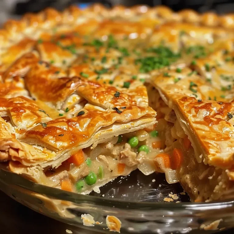 Einfacher Türkischer Gemüse-Pie: Wohlfühlküche für die Familie Close-up of a juicy turkey pot pie, showcasing golden flaky crust and savory filling.