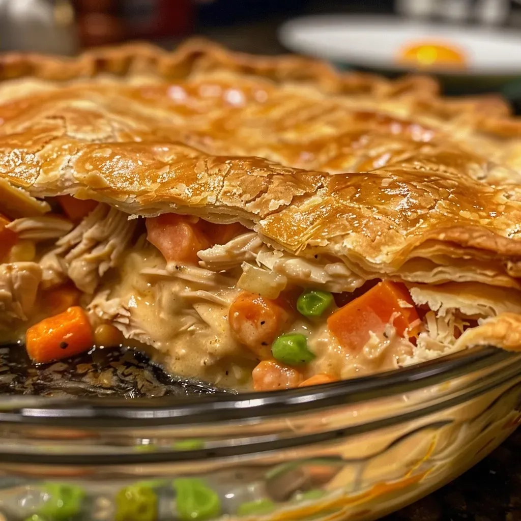 Side view of a delicious turkey pot pie with visible chunks of turkey and vegetables.