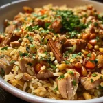 Close-up view of a bowl of Turkey Pilaf garnished with pine nuts and fresh cilantro.