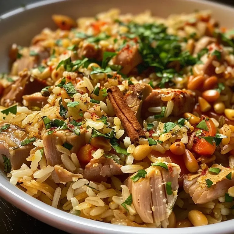 Close-up view of a bowl of Turkey Pilaf garnished with pine nuts and fresh cilantro.