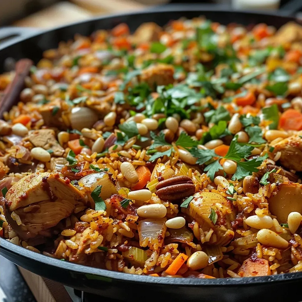 Side view of a steaming platter of Turkish Pilaw with chunks of turkey and caramelized onions.