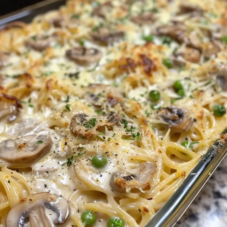 Türkisches Tetrazzini: Ein Genuss für die ganze Familie Close-up view of a serving of Turkey Tetrazzini with creamy sauce and pasta.