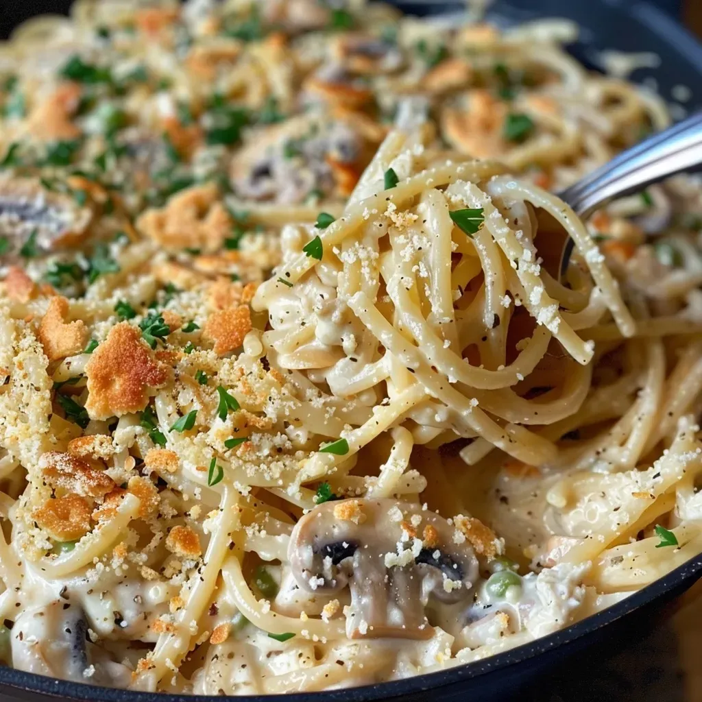 Side view of Turkey Tetrazzini topped with melted cheese and peas.