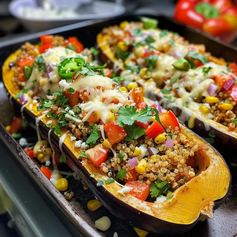 Side view of a Delicata squash stuffed with colorful Tex-Mex veggie quinoa, showcasing vibrant peppers and a cheesy topping.