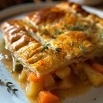 Close-up view of a golden-brown roasted turkey and apple pot pie with visible flaky crust.