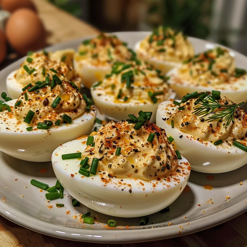 Fresh herb-filled deviled eggs presented on a plate.