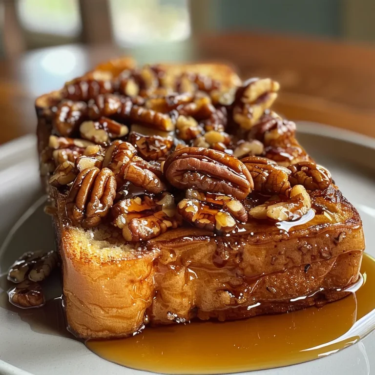 Übernachteter französischer Toast Auflauf mit Zimt-Ahornsahne – Genuss ohne Eile Close-up view of Overnight French Toast Casserole topped with whipped cream and pecans.