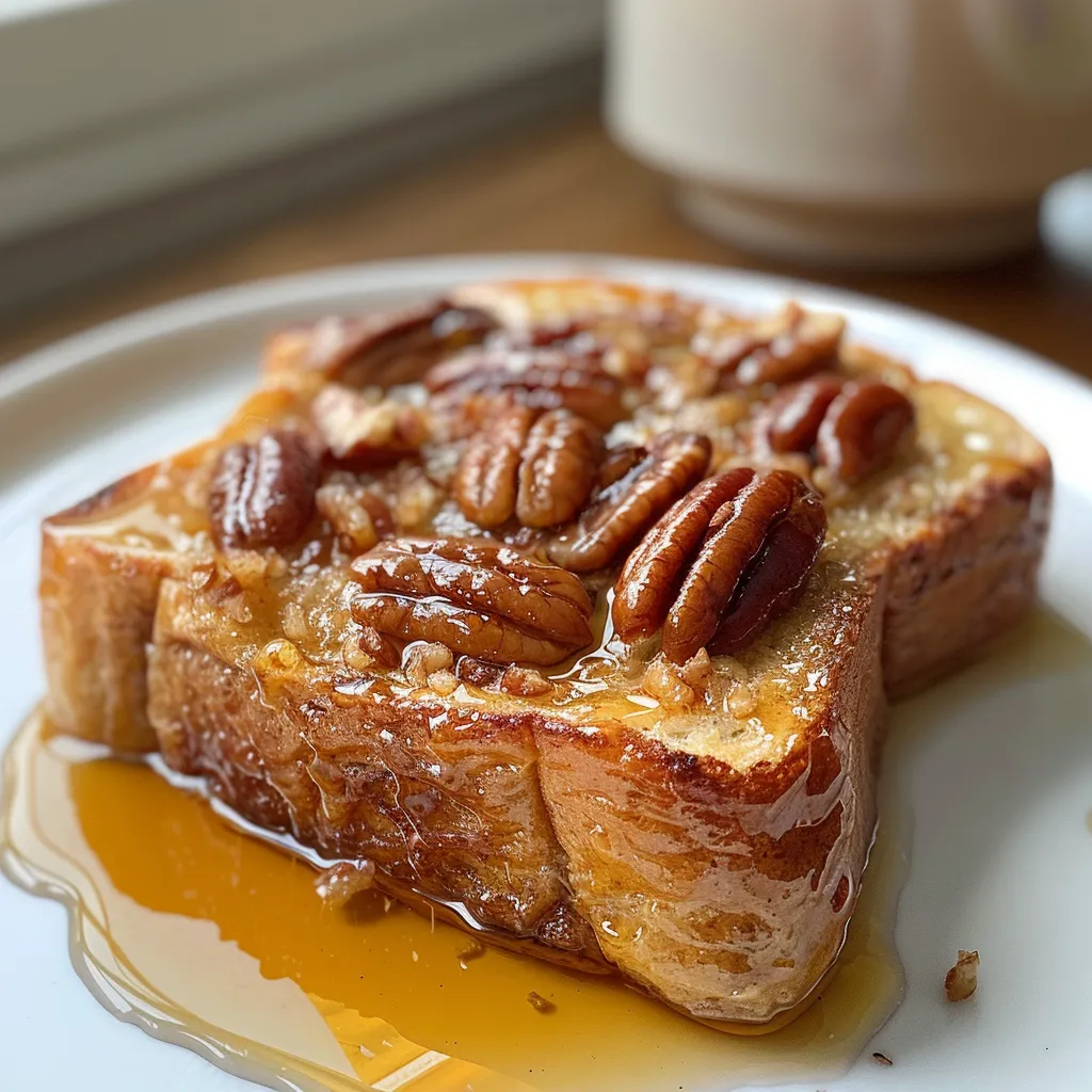 Side view of a delicious French Toast Casserole with maple cinnamon whipped cream.