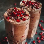 Close-up view of a rich pomegranate hot chocolate topped with whipped cream and pomegranate arils.