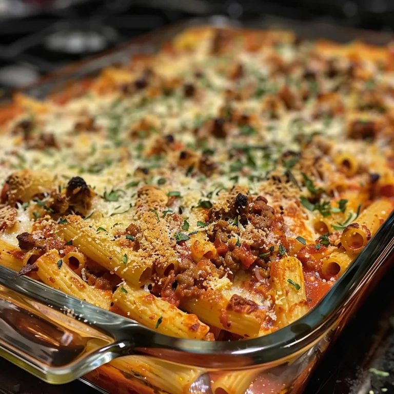 Close-up side view of a healthy baked ziti, showcasing melted cheese and fresh basil.