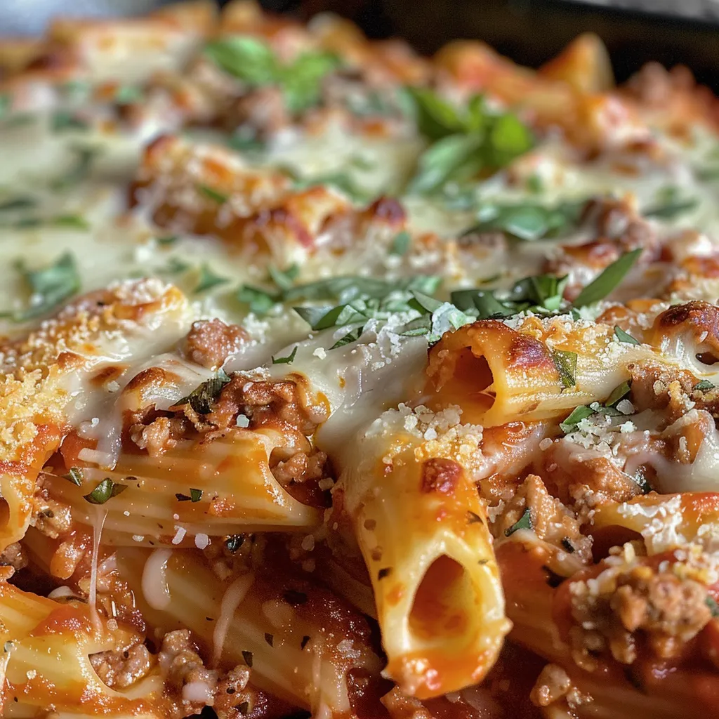 A delicious serving of baked ziti pasta, topped with mozzarella and garnished with basil.