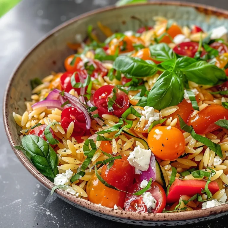 Close-up view of roasted vegetable orzo topped with creamy feta and garnished with fresh basil.