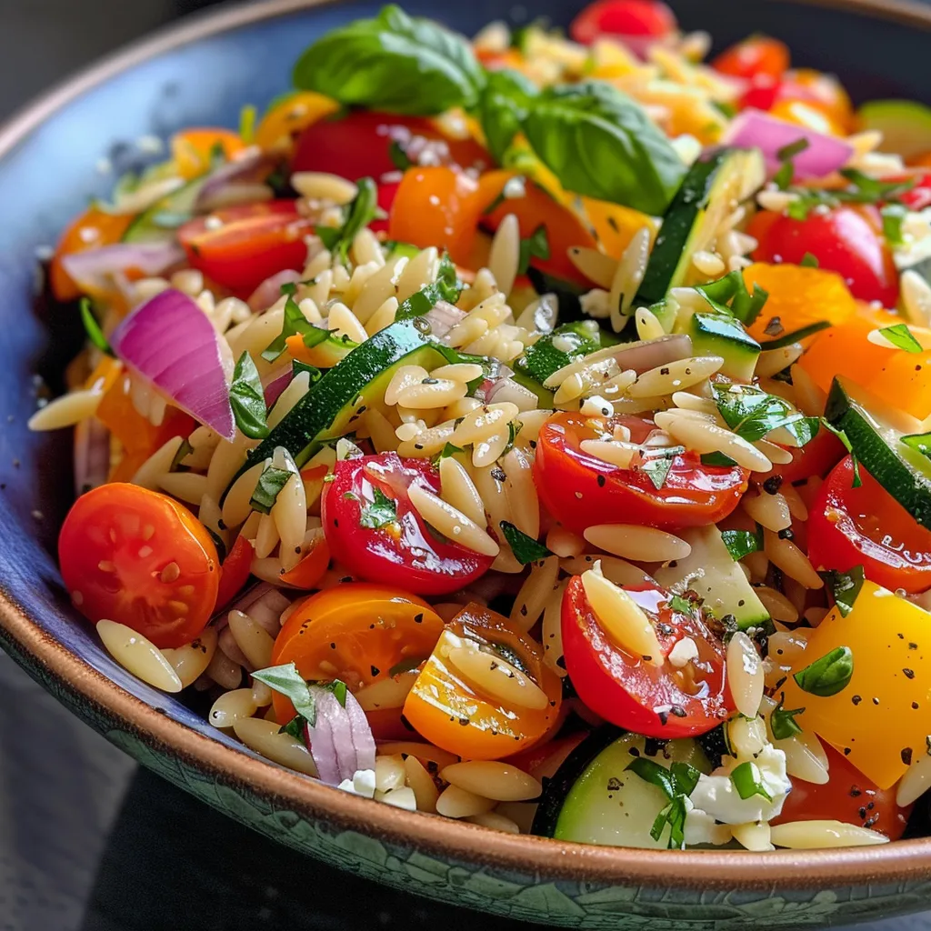 A side view of a colorful dish featuring golden orzo pasta mixed with blistered cherry tomatoes, zucchini, and bell peppers.