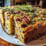 Close up of vegetarian cornbread stuffing layered with cranberries and pecans.