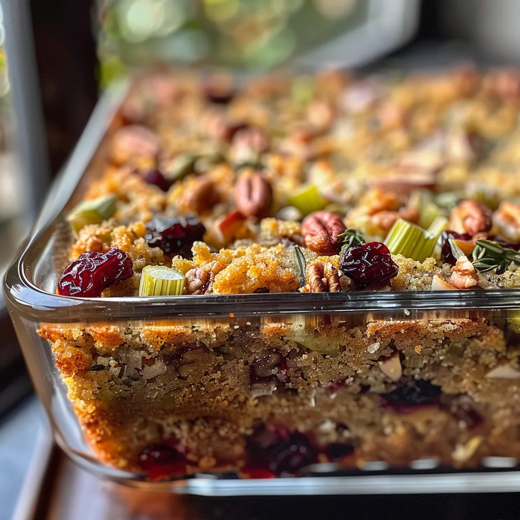 Side view of golden brown cornbread stuffing with visible cranberries and herbs.