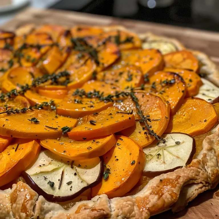 Herzhafte Galette mit Butternut Kürbis und Äpfeln – Ein Genuss für jede Gelegenheit A close-up side view of a roasted butternut squash galette, showcasing its golden crust and colorful filling.