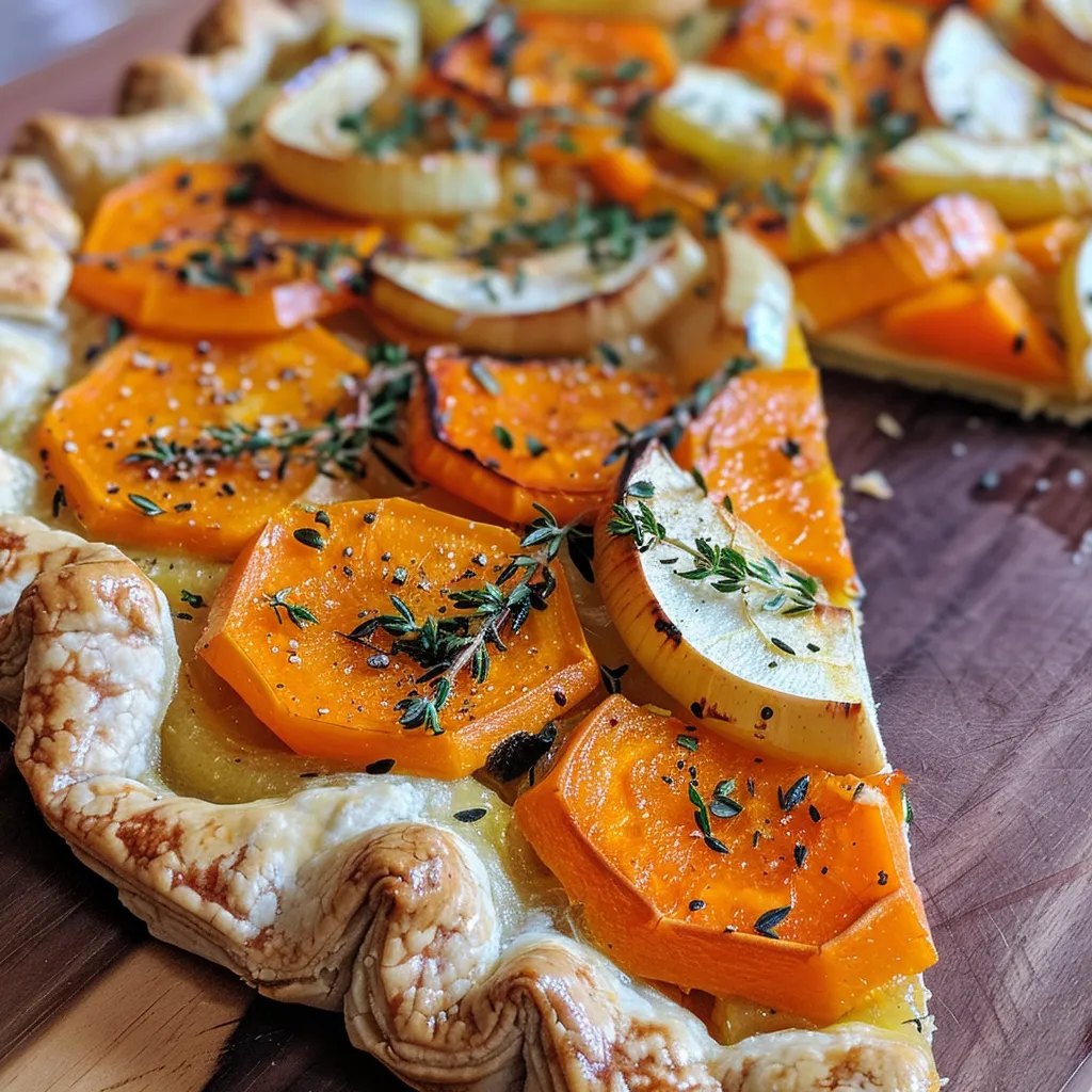 A delicious-looking butternut squash galette with thinly sliced vegetables peeking through a flaky crust.