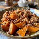 Close-up view of a Southern Maple Sweet Potato Casserole with a golden-brown topping.