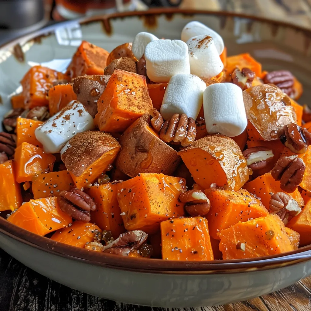 Side angle of a sweet potato casserole, showing melted marshmallows and pecans.