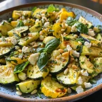 Close-up of a fresh summer squash salad with avocado, pine nuts, and ricotta salata.